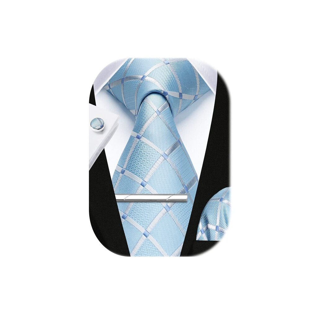 1535 Light Blue Ties Plaid Checkered Tie and Pocket Square Cufflinks Tie